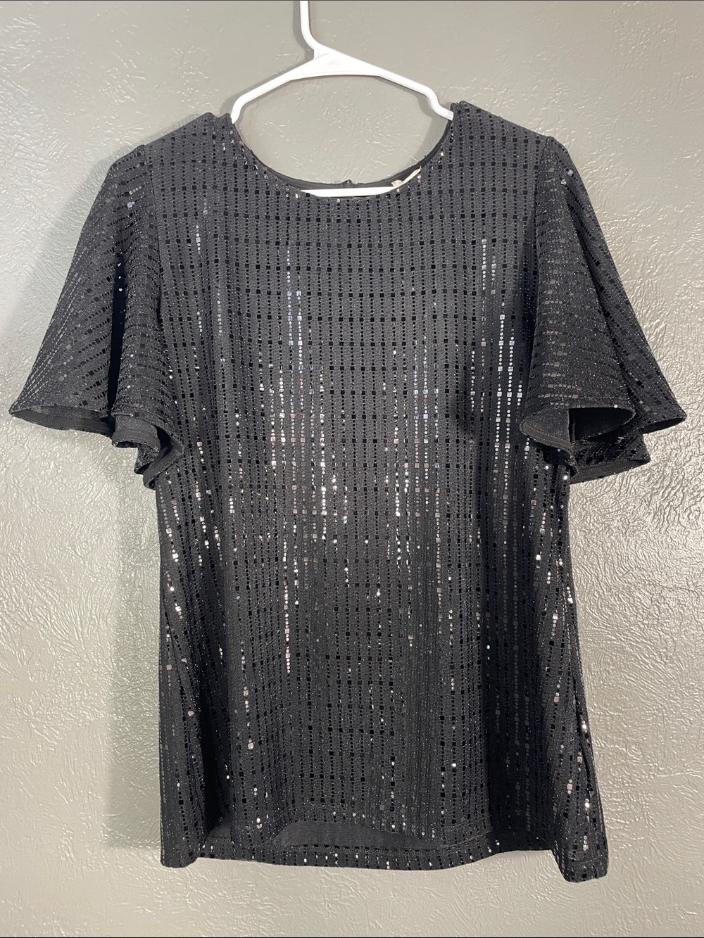 Anne Klein Black Sequin Flutter Sleeve Party Top Evening Blouse Medium